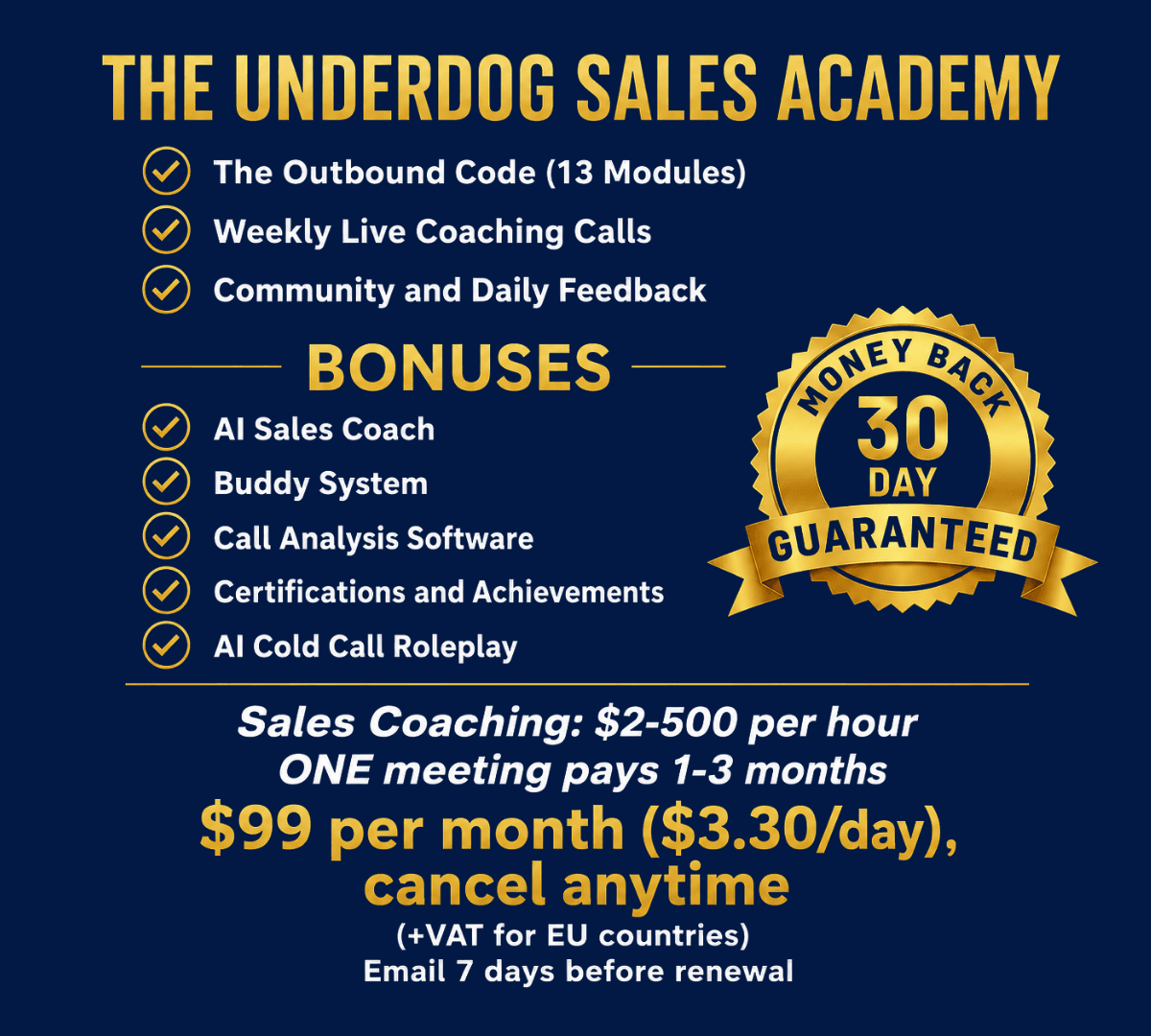 The Underdog Sales Academy — The Outbound Code (13 Modules), Weekly Live Coaching Calls, Community and Daily Feedback, plus bonuses (AI Sales Coach, Buddy System, Call Analysis Software, Certifications and Achievements, AI Cold Call Roleplay). Sales Coaching $2-500 per hour — one meeting pays 1-3 months. $99 per month ($3.30/day), cancel anytime. 30-day money-back guarantee.