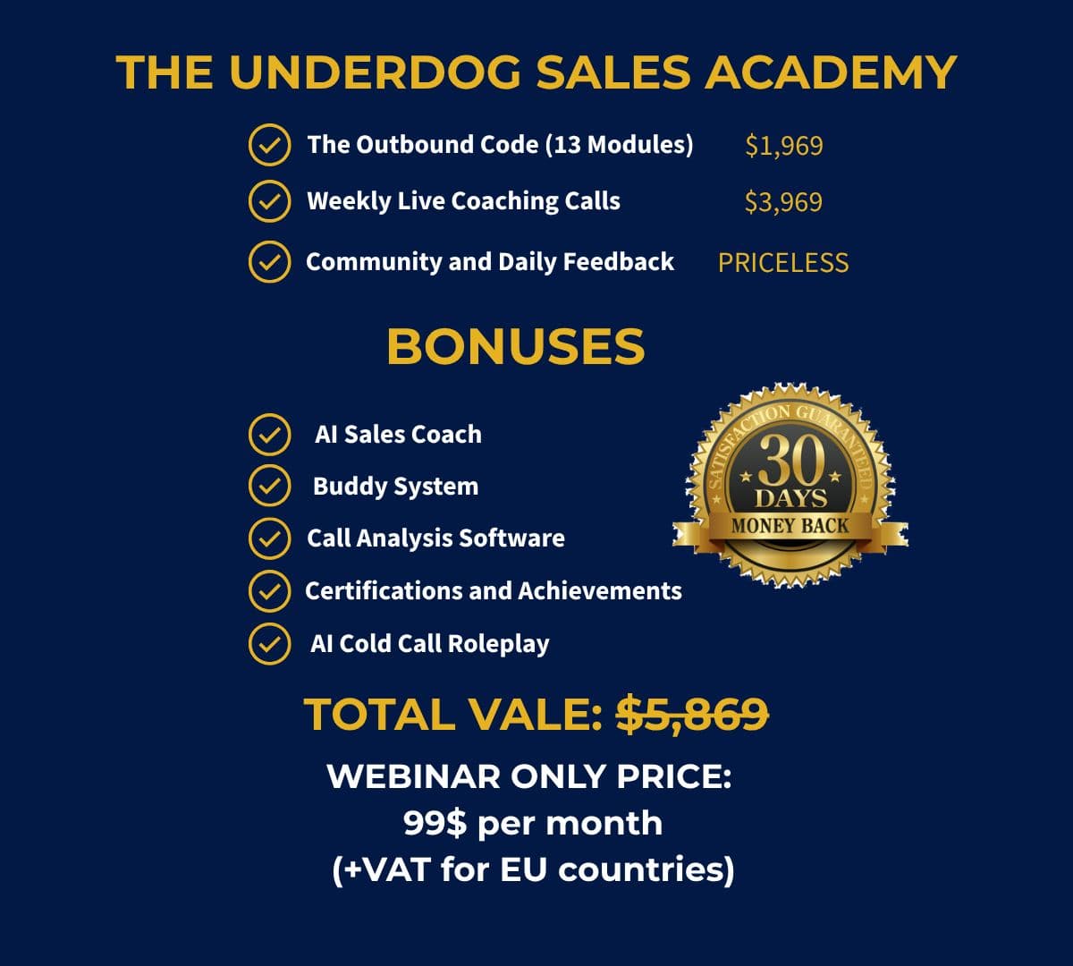 The Underdog Sales Academy — Outbound Code $1,969, Weekly Live Coaching Calls $3,969, Community and Daily Feedback Priceless, plus 5 Bonuses (AI Sales Coach, Buddy System, Call Analysis Software, Certifications and Achievements, AI Cold Call Roleplay). Total value $5,869. Webinar-only price 99$ per month (+VAT for EU countries). 30 days money-back guarantee.